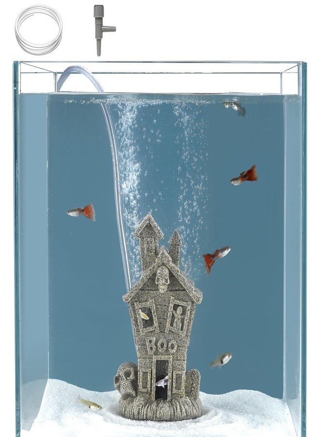 Carefree Fish حوض أسماك كيرفري، بيت مسكون، ديكور هالوين على شكل شبح، نافورة هواء، زينة مخبأ للأسماك مع أنبوب بطول 3 أقدام وحجر هواء صغير (لا يشمل مضخة هواء) - Image 1